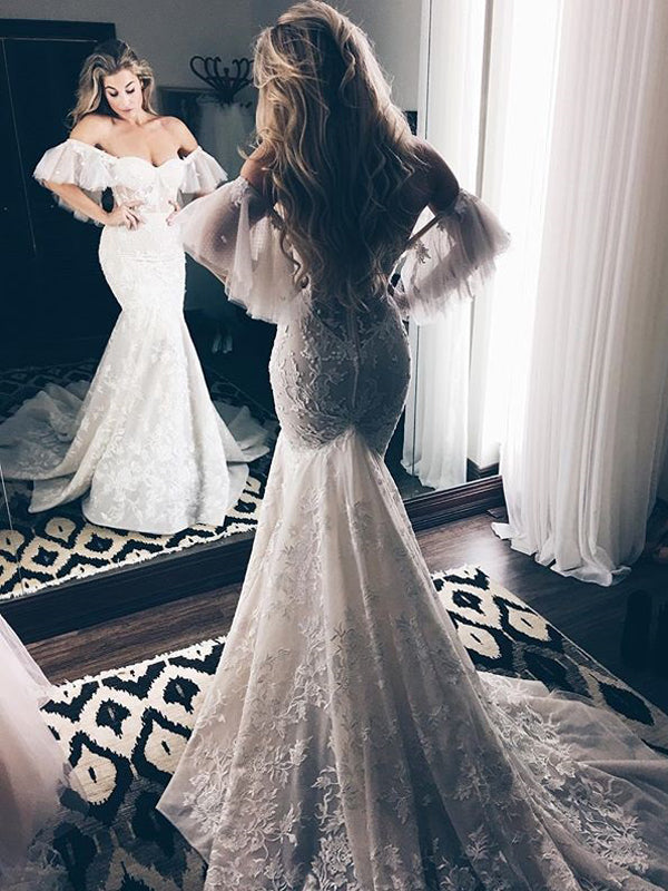 Sexy Mermaid Backless Lace Sheath Tulle Charming Wedding Dresses, FC1911 Sexy Mermaid Backless Lace Sheath Tulle Charming Wedding Dresses, FC1911