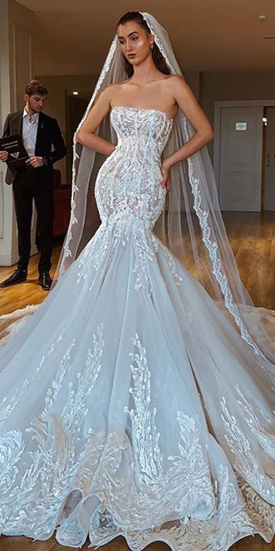 Luxury Lace Mermaid Backless Applique Straight Neckline Wedding Dresse Dairy Bridal Luxury Lace Mermaid Backless Applique Straight Neckline Wedding Dresse Dairy Bridal
