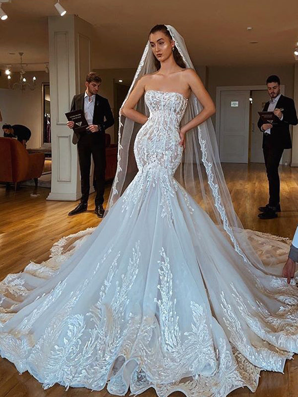 Luxury Lace Mermaid Backless Applique Straight Neckline Wedding Dresse Dairy Bridal Luxury Lace Mermaid Backless Applique Straight Neckline Wedding Dresse Dairy Bridal