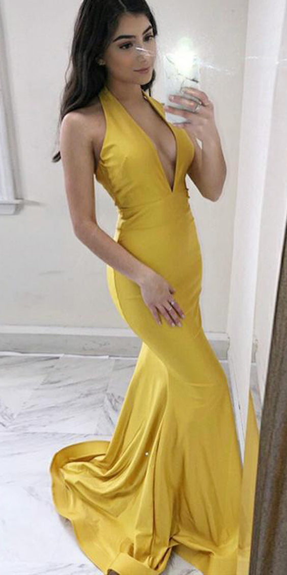 Yellow Satin Halter Backless Mermaid Sexy Deep V-neck Prom Dresses, FC Dairy Bridal Yellow Satin Halter Backless Mermaid Sexy Deep V-neck Prom Dresses, FC Dairy Bridal