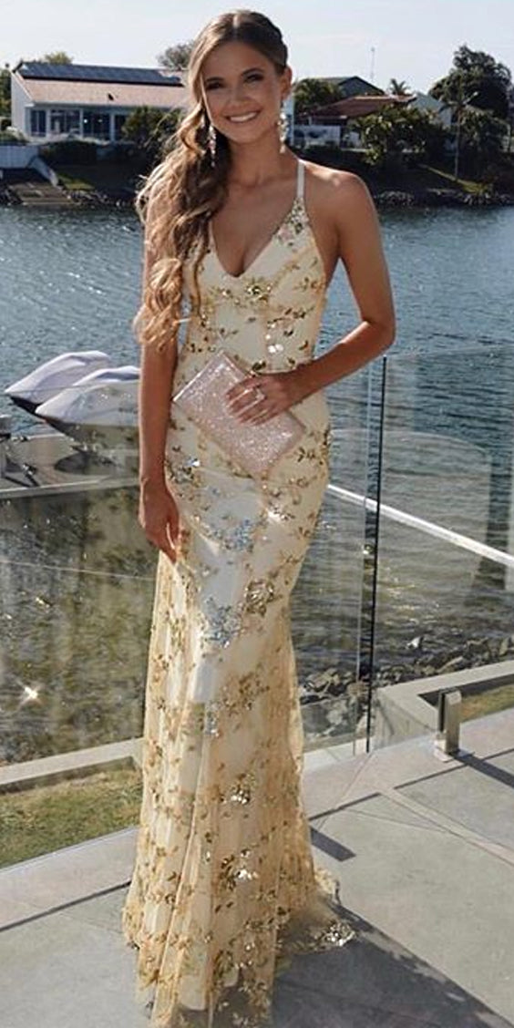Gold Sequin Mermaid Backless V-Neck Prom Dresses, FC1938 Gold Sequin Mermaid Backless V-Neck Prom Dresses, FC1938