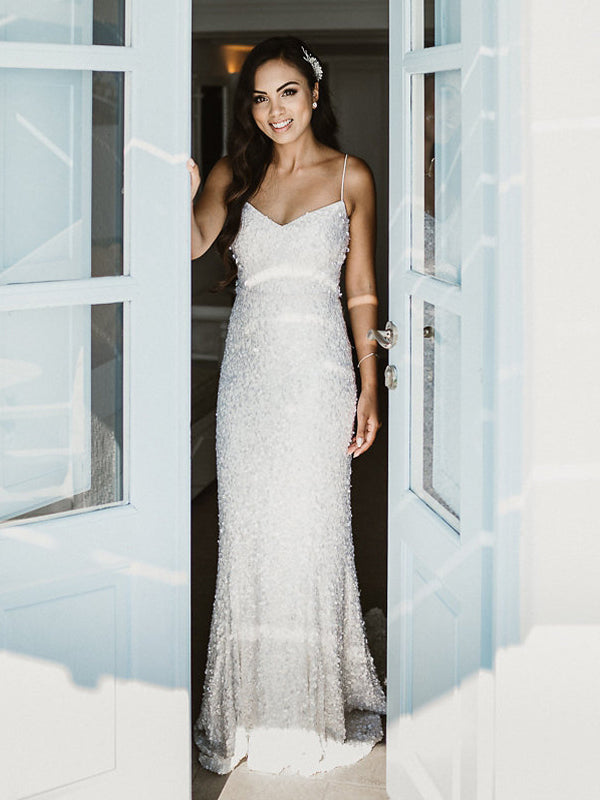 Spaghetti Straps Mermaid Beaded Sequin Backless Charming Wedding Dress Dairy Bridal Spaghetti Straps Mermaid Beaded Sequin Backless Charming Wedding Dress Dairy Bridal