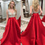 A-Line Satin Backless Prom Dress, Red Beaded Sleeveless Prom Dress, D212