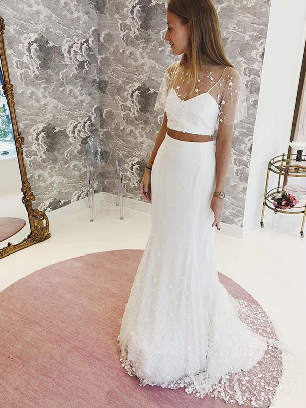 Two Pieces Lace Mermaid Short Sleeve Satin Wedding Dresses, FC2147 Two Pieces Lace Mermaid Short Sleeve Satin Wedding Dresses, FC2147