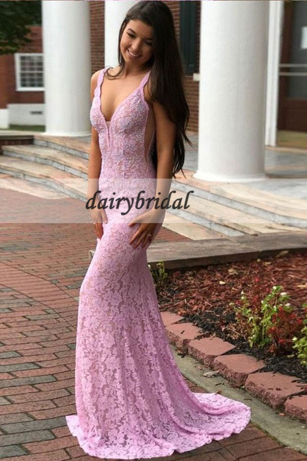Sexy Backless Lace  Prom Dress, Pink Mermaid Beaded Prom Dress, D216