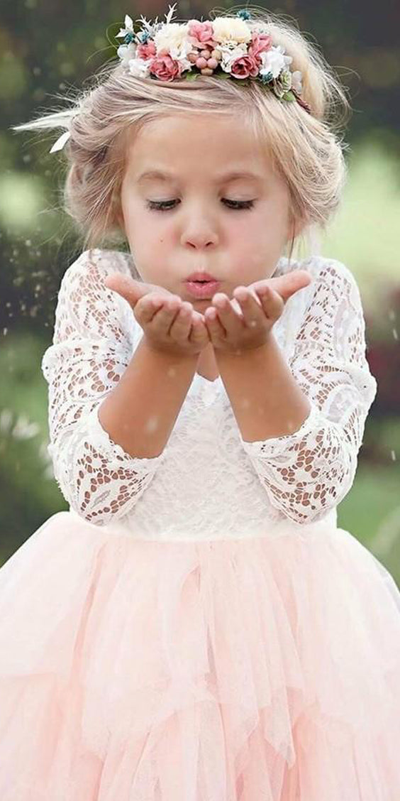 Lace Blush Tulle Flower Girl Dress A-Line Lace Top 3/4 Sleeve