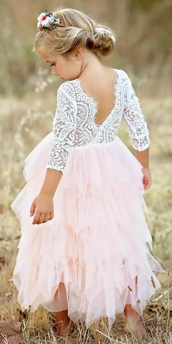 A-Line Lace Top 3/4 Sleeve Tulle Flower Girl Dresses, Tea-Length Lovely Little Girl Dresses, FC2176 A-Line Lace Top 3/4 Sleeve Tulle Flower Girl Dresses, Tea-Length Lovely Little Girl Dresses, FC2176
