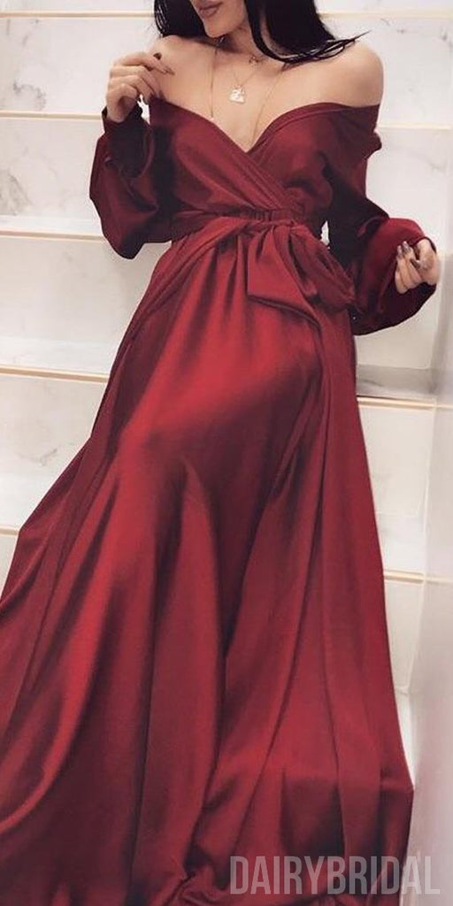 Off Shoulder Long Sleeve A-Line Silk Elastic Satin Burgundy Prom Dresses, FC2180