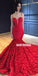 Spaghetti Straps Mermaid Luxury 3D Lace Backless Red Prom Dresses, FC2204
