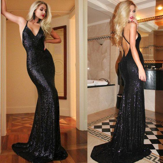 Black Sequined Sparkle Sexy Backless Party Cocktail Evening Long Prom –  RomanBridal