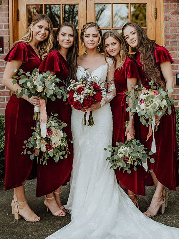 High-Low Velvet A-line V-neck Simple Tea-Length Bridesmaid Dress, FC2222 High-Low Velvet A-line V-neck Simple Tea-Length Bridesmaid Dress, FC2222