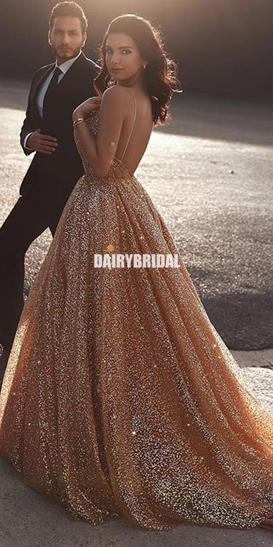 Sparkly A-Line Backless Gold Spaghetti Straps Long Prom Dresses, FC235 Dairy Bridal Sparkly A-Line Backless Gold Spaghetti Straps Long Prom Dresses, FC235 Dairy Bridal