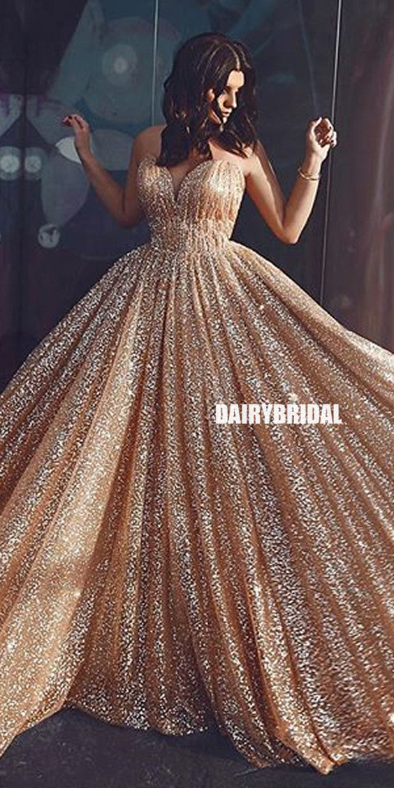 Sparkly A-Line Backless Gold Spaghetti Straps Long Prom Dresses