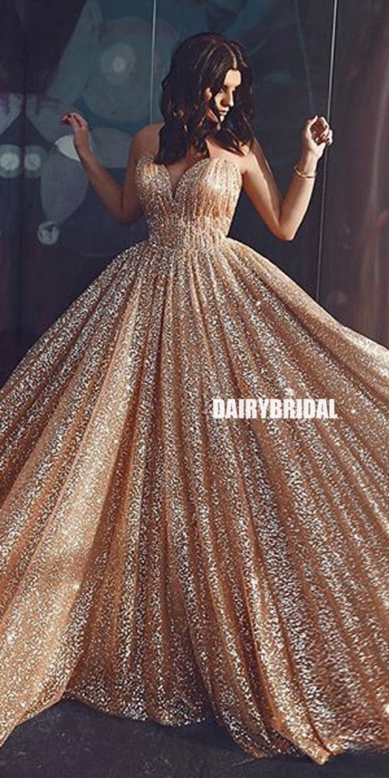 Sparkly A-Line Backless Gold Spaghetti Straps Long Prom Dresses, FC2351 Sparkly A-Line Backless Gold Spaghetti Straps Long Prom Dresses, FC2351