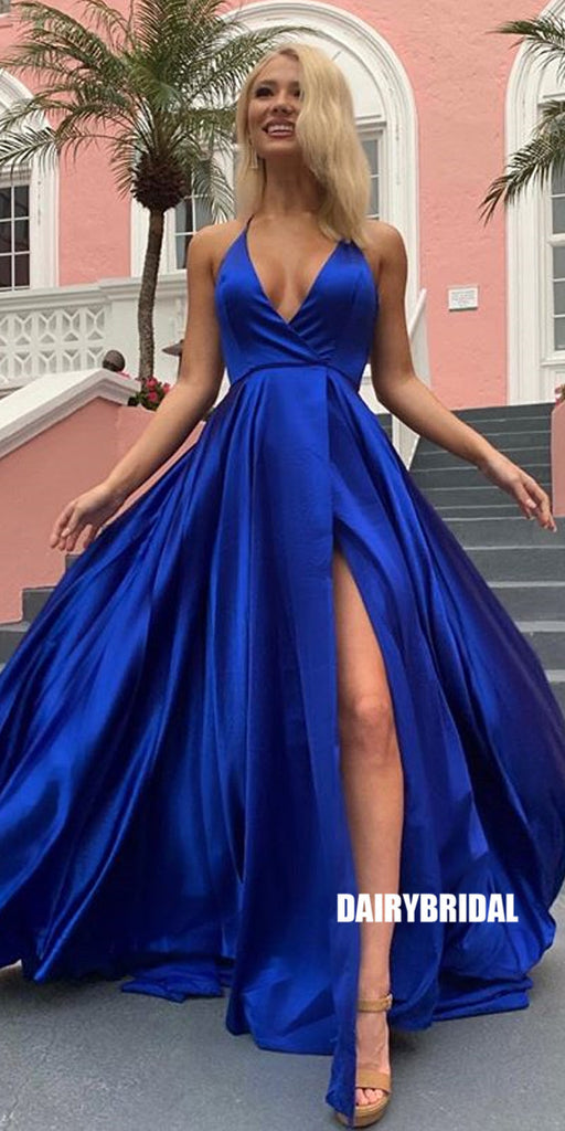 Royal Blue A-line Halter Sexy Slit V-neck Backless Prom Dresses, FC2372