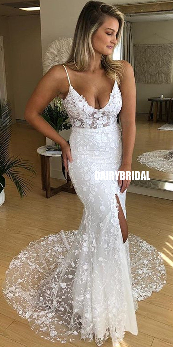 Spaghetti Straps Mermaid Sexy Backless Slit Lace Wedding Dress, FC2380 Spaghetti Straps Mermaid Sexy Backless Slit Lace Wedding Dress, FC2380