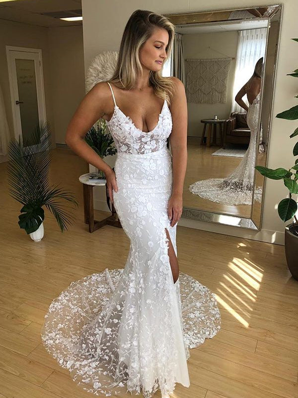 Spaghetti Straps Mermaid Sexy Backless Slit Lace Wedding Dress, FC2380 Spaghetti Straps Mermaid Sexy Backless Slit Lace Wedding Dress, FC2380