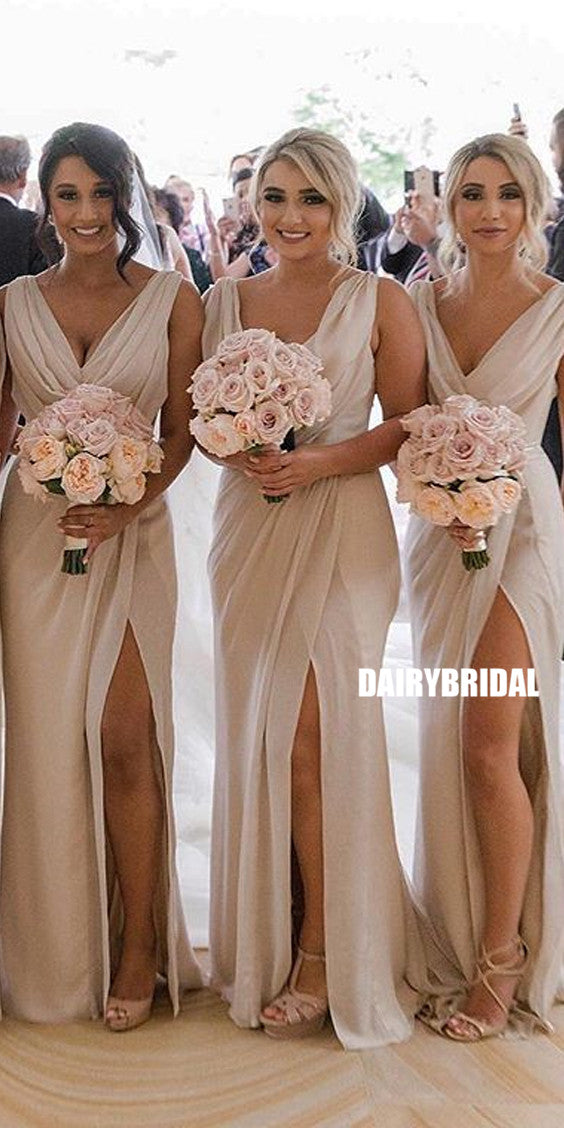 Chiffon V-neck Simple Pleated Long Slit Bridesmaid Dress, FC2389 Dairy Bridal Chiffon V-neck Simple Pleated Long Slit Bridesmaid Dress, FC2389 Dairy Bridal
