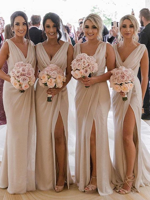Chiffon V-neck Simple Pleated Long Slit Bridesmaid Dress, FC2389 Chiffon V-neck Simple Pleated Long Slit Bridesmaid Dress, FC2389