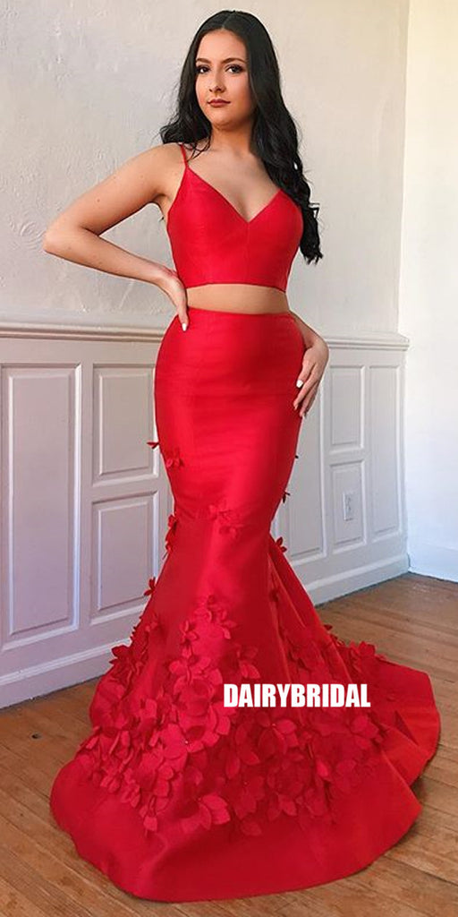 Red Two Pieces Mermaid Satin Backless Applique Prom Dresses, FC2393 ...