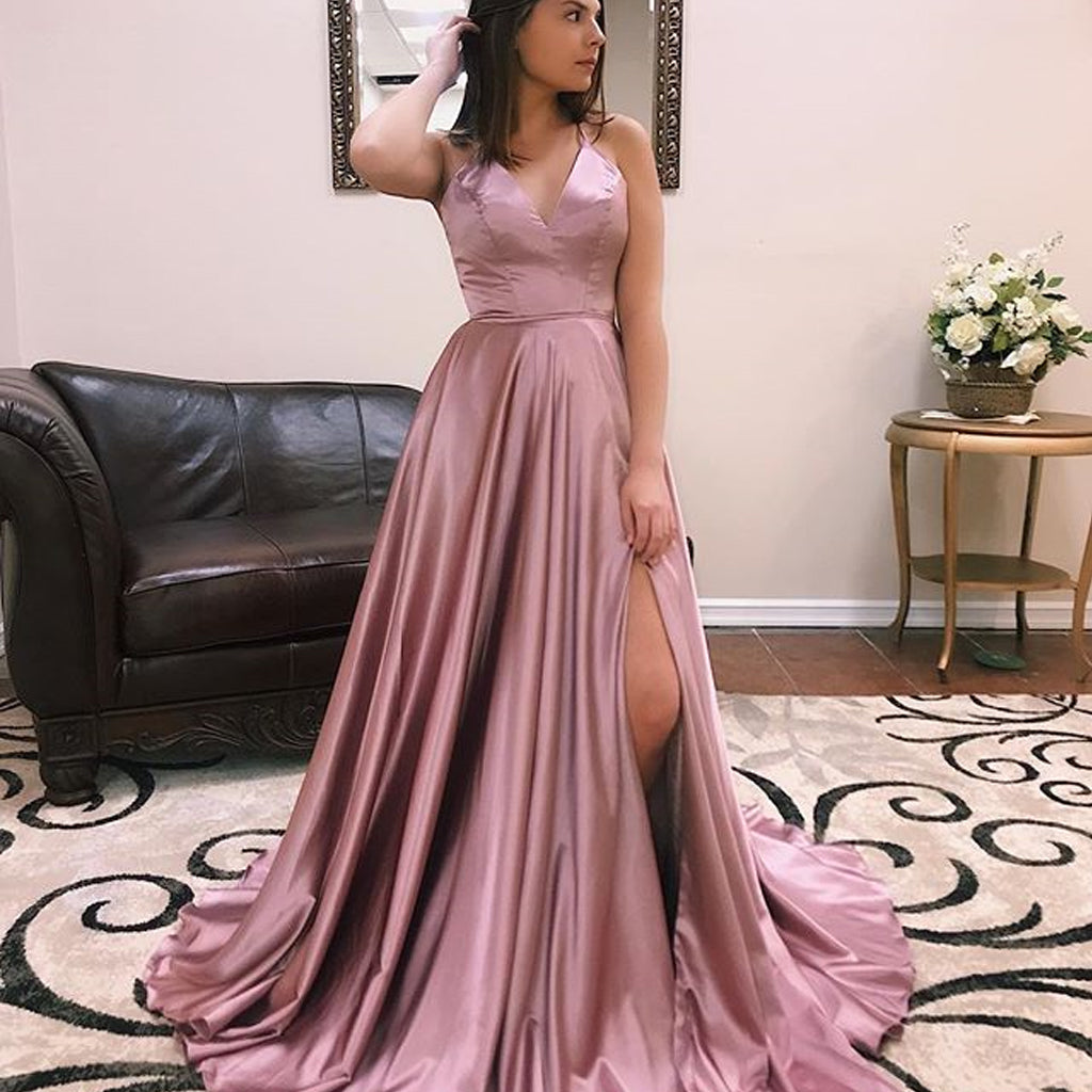 Simple A-line Slit Silk Elastic Satin Backless V-neck Prom Dress, FC23 Dairy Bridal Simple A-line Slit Silk Elastic Satin Backless V-neck Prom Dress, FC23 Dairy Bridal