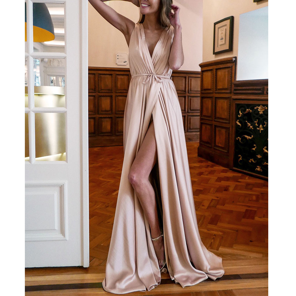 Simple A-line Sleeveless V-neck Slit Backless Prom Dresses, FC2406