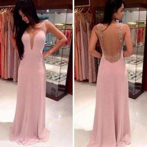 Simple Elegant Junior See Through Back Deep V Neck Pink Cheap Long Prom Dresses, WG240
