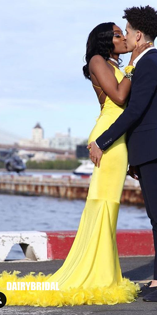 Yellow Mermaid Charming Jersey Backless V-neck Prom Dresses, FC2420