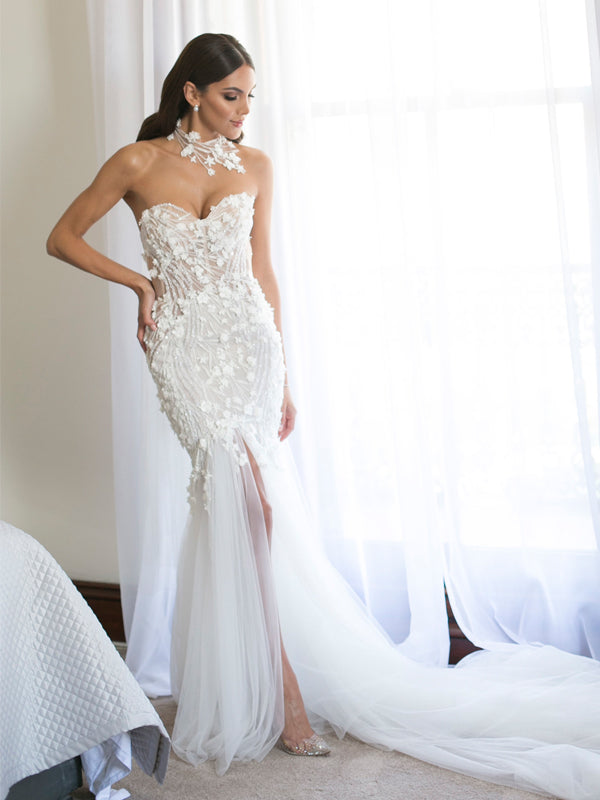 Sweetheart Mermaid Lace Backless Slit Tulle Wedding Dresses, FC2440 Sweetheart Mermaid Lace Backless Slit Tulle Wedding Dresses, FC2440