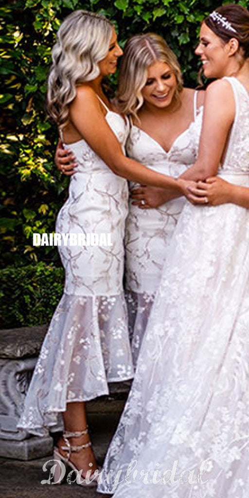 Spaghetti Straps Mermaid High-low Lace Backless Bridesmaid Dress, FC2495