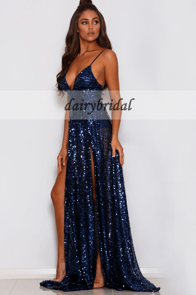 Spaghetti Straps Sequin Prom Dresses, V-Neck Backless Slit Prom Dresse Dairy Bridal Spaghetti Straps Sequin Prom Dresses, V-Neck Backless Slit Prom Dresse Dairy Bridal