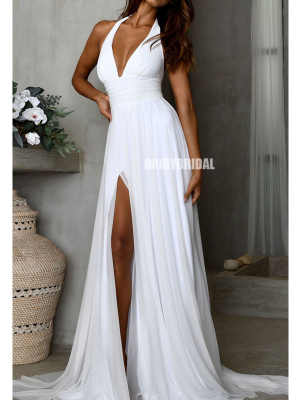 Simple A-line Chiffon Slit Deep V-neck Backless Wedding Dresses, FC255 Dairy Bridal Simple A-line Chiffon Slit Deep V-neck Backless Wedding Dresses, FC255 Dairy Bridal