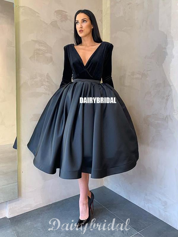 Black A-line Long Sleeves Satin V-neck Velvet Homecoming Dress, FC2627 Dairy Bridal Black A-line Long Sleeves Satin V-neck Velvet Homecoming Dress, FC2627 Dairy Bridal