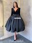 Black A-line Long Sleeves Satin V-neck Velvet Homecoming Dress, FC2627