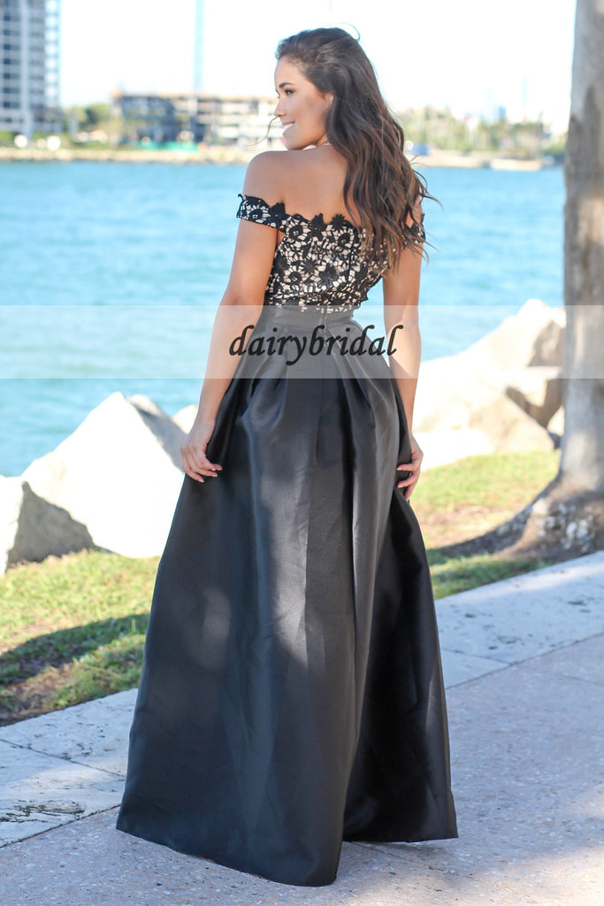 Off the Shoulder Satin Prom Dress, Charming A-Line Lace Prom Dress, D264