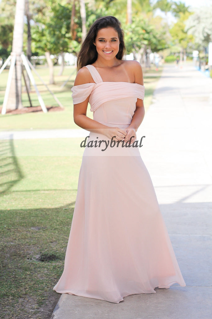 Chiffon Off-Shoulder Bridesmaid Dress, Pink Maxi Bridesmaid Dress, D265