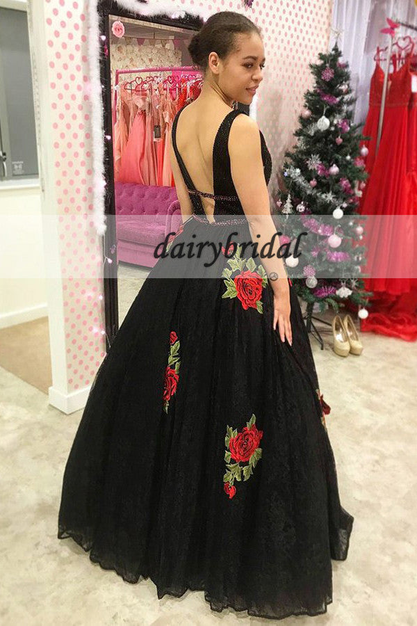 Black Applique Tulle Prom Dress, Charming A-Line Backless Beaded Prom Dress, D267