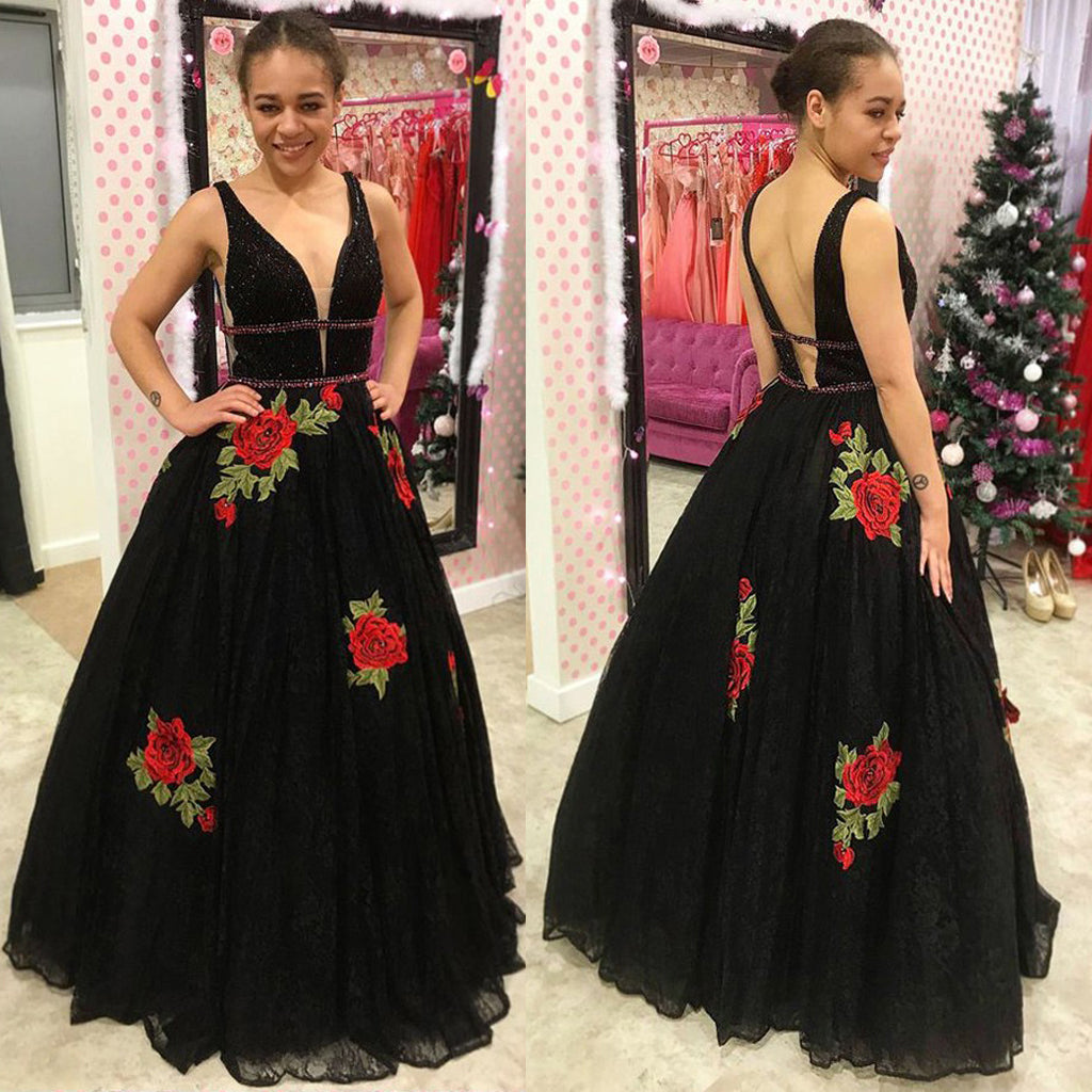 Black Applique Tulle Prom Dress, Charming A-Line Backless Beaded Prom Dress, D267