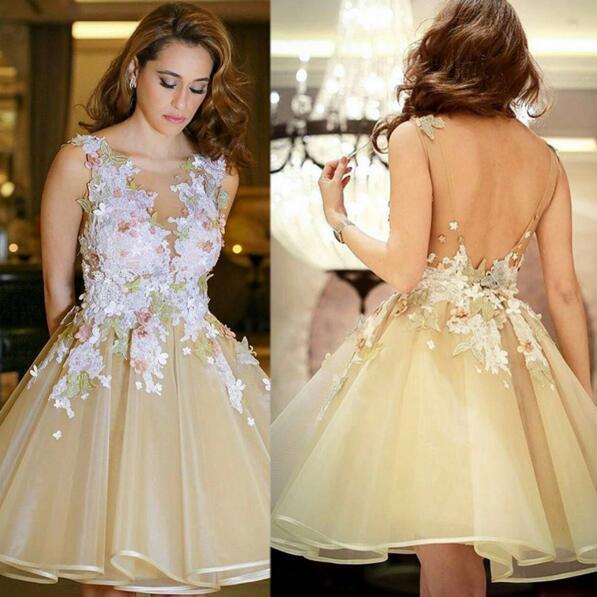 Newest  Lace Appliques Flowers Ball Gown Organza Backless Homecoming Dresses ,220027
