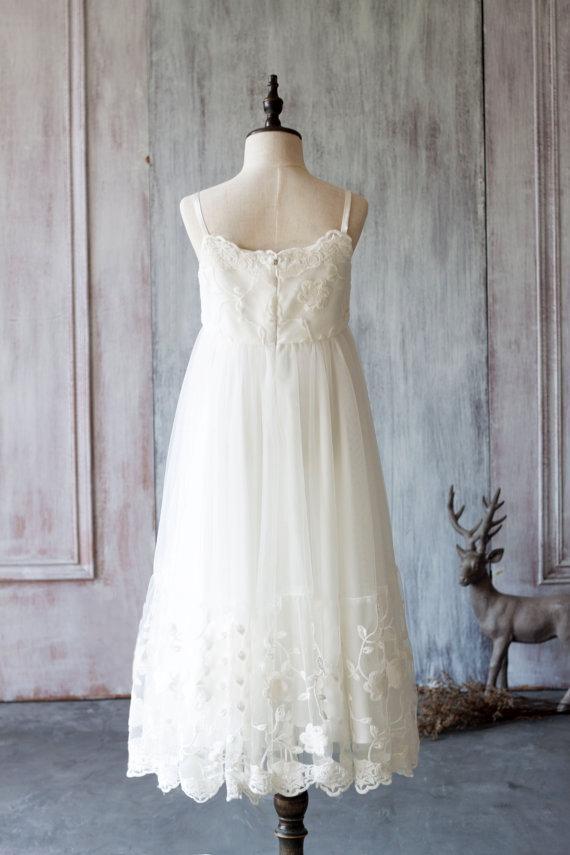 Spaghetti Ivory Lace Tulle Flower Girl Dresses, Popular Junior Bridesm Dairy Bridal Spaghetti Ivory Lace Tulle Flower Girl Dresses, Popular Junior Bridesm Dairy Bridal