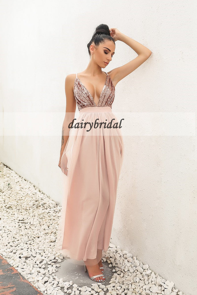 Deep V-Neck Tulle Prom Dress, Sequin Top Prom Dress, Slit Prom Dress, D347