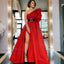 Red A-line Satin One Shoulder Half Sleeve Slit Prom Dresses, FC3762