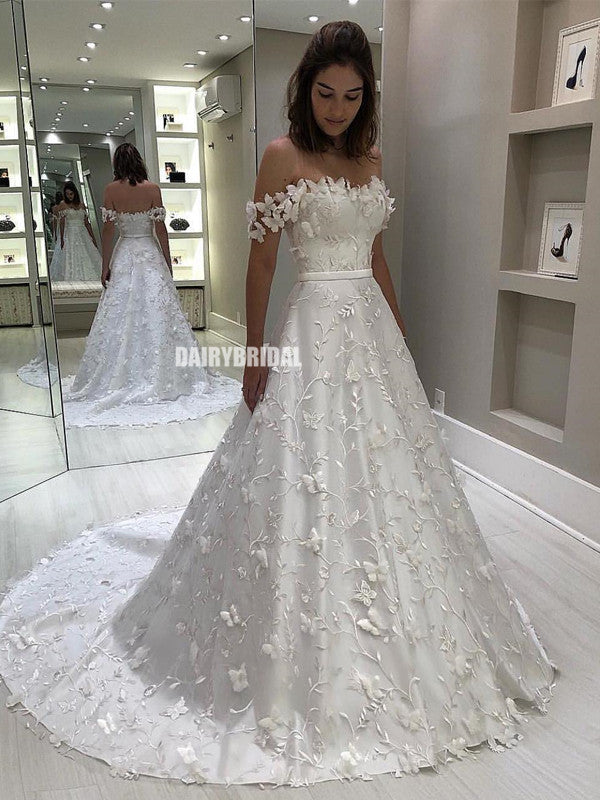 Off Shoulder Charming Lace Backless A-line Satin Wedding Dresses, FC37 Dairy Bridal Off Shoulder Charming Lace Backless A-line Satin Wedding Dresses, FC37 Dairy Bridal