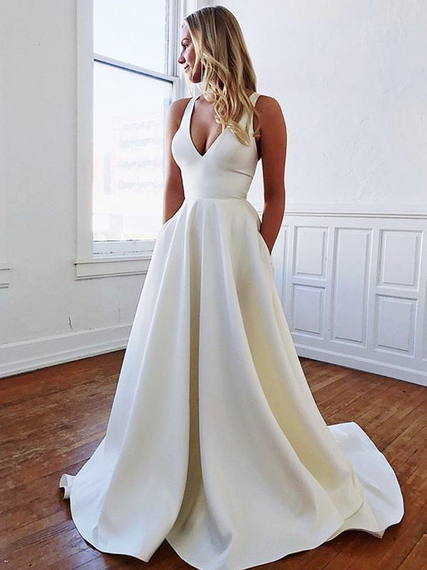 Sexy V-neck Backless A-line Satin Simple Wedding Dress, FC3797 Sexy V-neck Backless A-line Satin Simple Wedding Dress, FC3797