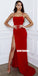 Red Spaghetti Straps Jersey Mermaid Slit Backless Prom Dress, FC3801