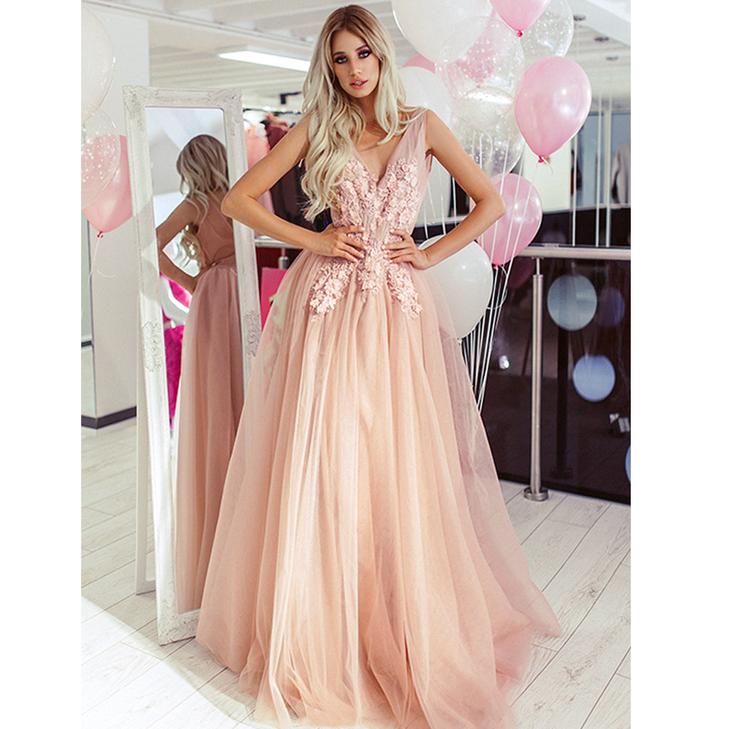 Elegant A-line Tulle V-neck Sleeveless Applique Prom Dress, FC3827 Dairy Bridal Elegant A-line Tulle V-neck Sleeveless Applique Prom Dress, FC3827 Dairy Bridal