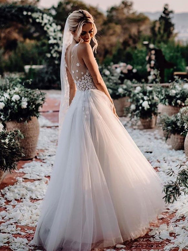 Honest A-line Tulle Backless V-neck Appliques Wedding Dress, FC3846 Honest A-line Tulle Backless V-neck Appliques Wedding Dress, FC3846