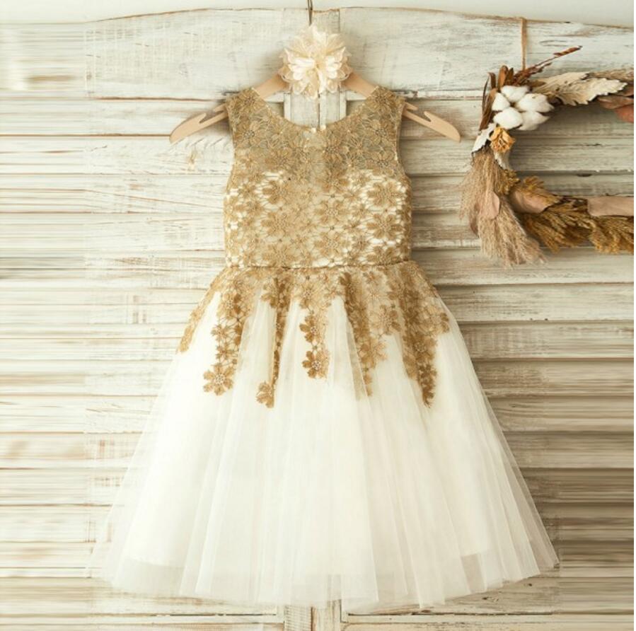 Gold Lace Sleeveless Tulle Flower Girl Dresses, Little Girl Dresses, C Dairy Bridal Gold Lace Sleeveless Tulle Flower Girl Dresses, Little Girl Dresses, C Dairy Bridal