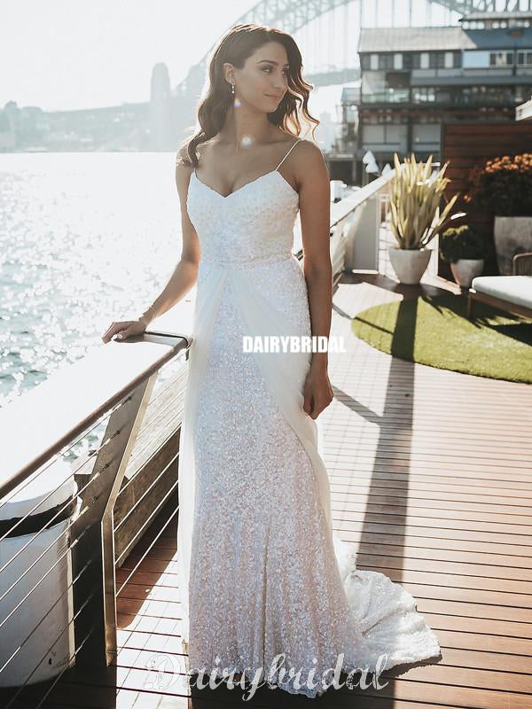 Mermaid Sequin Detachable Train Spaghetti Straps Sparkle Wedding Dress