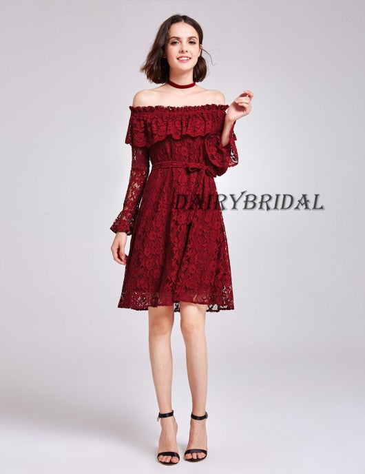 Off the Shoulder Homecoming Dress, Lace Homecoming Dress, Long Sleeve Dairy Bridal Off the Shoulder Homecoming Dress, Lace Homecoming Dress, Long Sleeve Dairy Bridal
